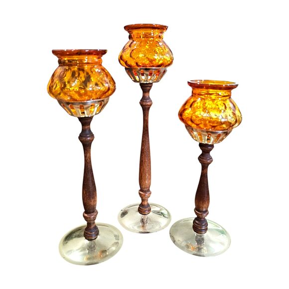 Vintage MCM Set of 3 Amber Glass, Wood, Brass Tealight Holder Centerpiece Candle - Picture 1 of 5